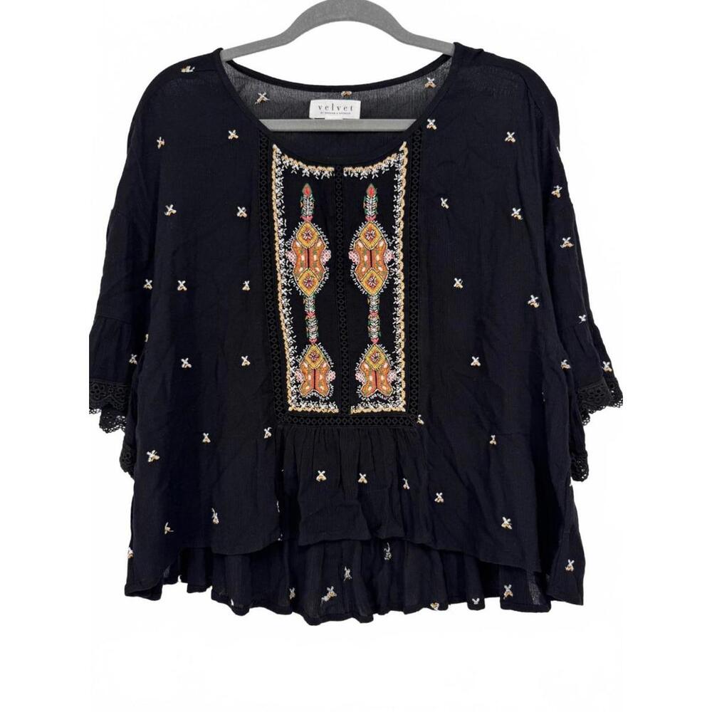 Velvet by Graham and Spencer Velvet blouse  XS Black embroidery Boho